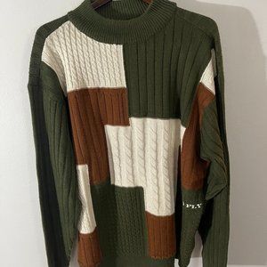 Red Fly Color Block Sweater Wool Made in Hong Kong Green Brown White Size XL